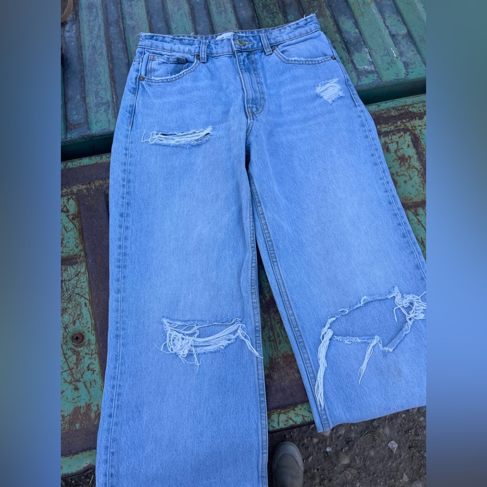 Zara Light Blue Distressed Wide Leg Jeans
